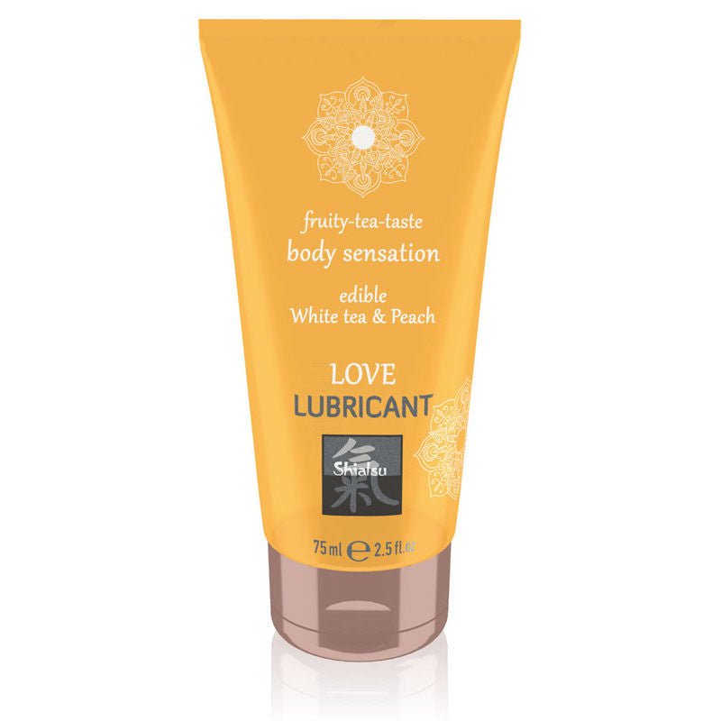 Shiatsu love - edible water-based lubricant - Product front view, white tea and peach  | Flirtybay.com.au